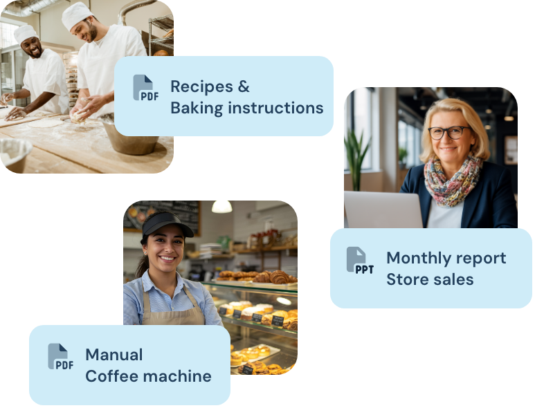 Boulanger, vendeuse et employée de bureau avec des vignettes de documents correspondantes dans l'application pour employés.