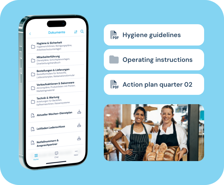 Documents are displayed in the Staffice app of a bakery branch: hygiene guidelines, duty rosters, operating instructions for cash registers, ovens, etc.