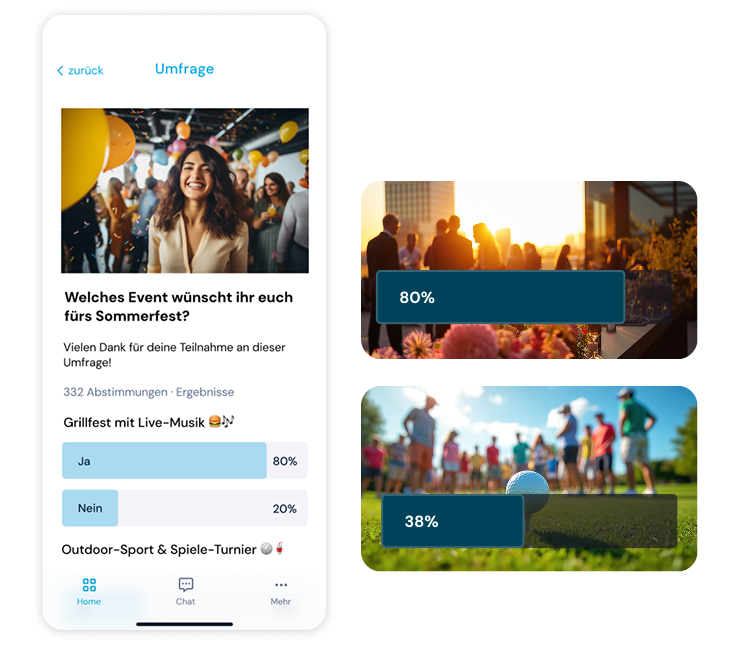 Smartphone displays survey results for summer festival: Barbecue with live music ranks ahead of outdoor sports tournament.
