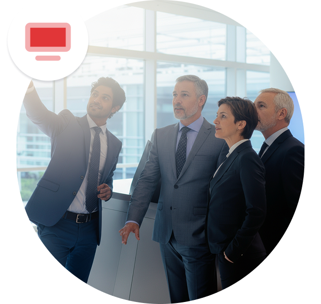 Four businesspeople attentively watch a screen presentation in a modern office, symbolizing digital signage.