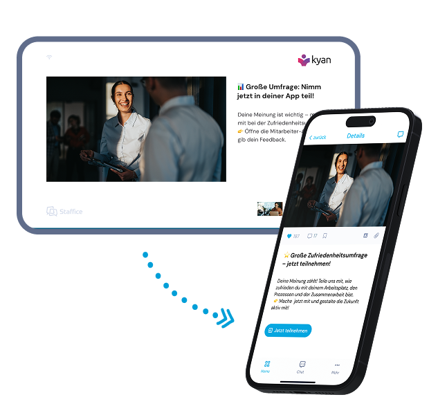 Digital signage screen and smartphone display the same survey news: "Major satisfaction survey – participate now."